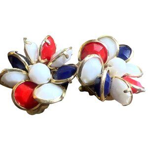 Vintage Red White Blue Clip on Earrings Gold Tone Made Hong Kong Patriotic